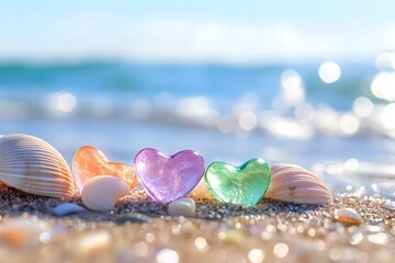 Colorful heart-shaped gemstones and seashells on the beach, 