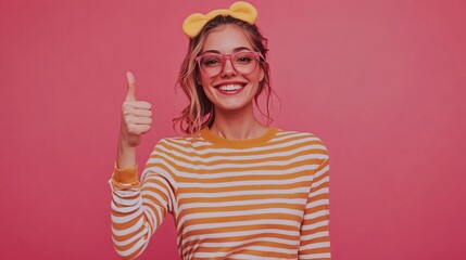 Photo portrait of attractive young woman thumb up excited dressed stylish striped