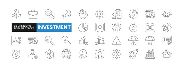 Set of 36 Investment line icons set. Investment outline icons with editable stroke collection. Includes Savings, Risk Management, Bank, Assets, Inflation, and More.