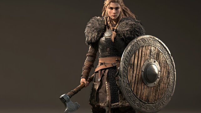 36. **3D render of a noble Viking shieldmaiden in fur-lined armor with a shield and axe
