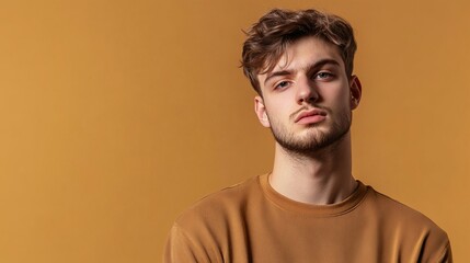 Fototapeta premium Photo portrait of pretty young male skeptical look empty space wear trendy brown outfit isolated on khaki color background
