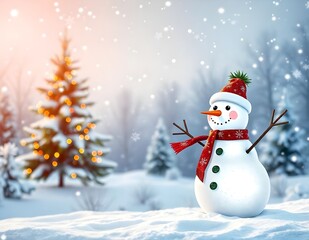 Obraz premium Merry Christmas and happy new year greeting card with copy-space. Happy snowman standing in Christmas landscape. Snow background. Winter fairytale.