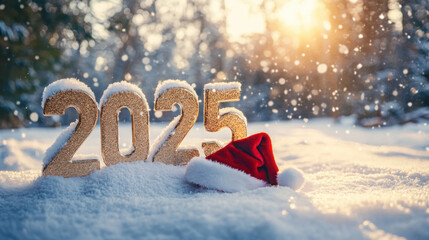 Snow-covered numbers 2025 with Santa hat, snowy forest background, sunlight and falling snowflakes, winter holiday scene