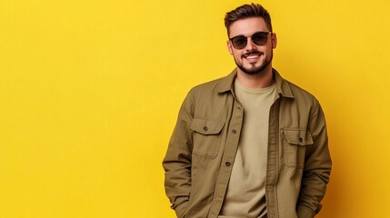 Fototapeta premium Photo of cheerful nice attractive man wear trendy khaki clothes store mall empty space isolated on yellow color background