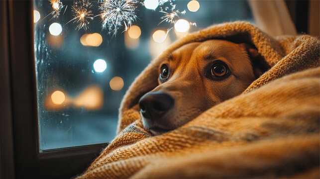 A frightened dog hiding under blankets, scared of fireworks