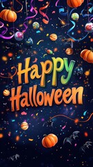 A vibrant Halloween banner displays Happy Halloween with colorful streamers, candy, and friendly bats adding to the lively atmosphere