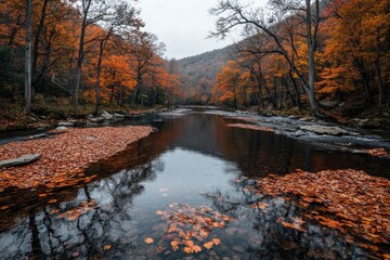 Obraz premium A tranquil autumn river flows gently, surrounded by vibrant foliage. The calm water reflects the beauty of the season, creating a serene and picturesque landscape.