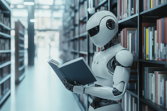 A robot reading a book in a library.