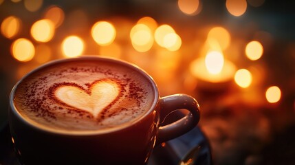 Fototapeta premium Close-up of a latte art heart in a ceramic cup, set against a blurred background of warm, cozy tones