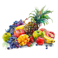 Watercolor painting of a vibrant fruit still life with apples, pears, bananas, grapes, cherries
