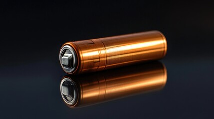 Close-up of a single AA battery with a reflective metallic surface against a black background, highlighting its texture and detail