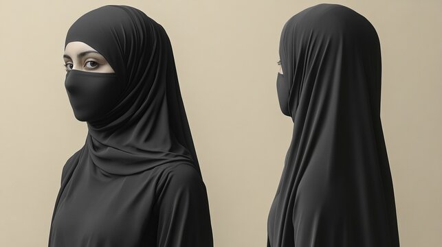 Blank black female niqab mockup, front and side view