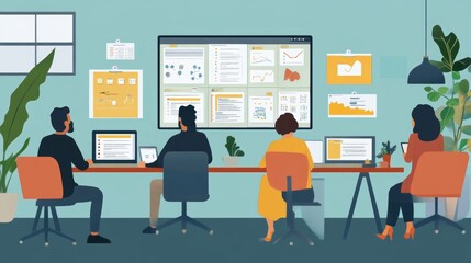 Team Meeting with Data Analysis and Charts on Screen