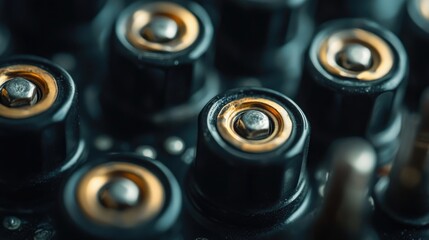 Obraz premium Close-up of the positive and negative terminals of a battery, with sharp details and a dark background