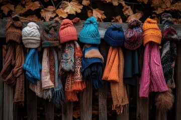 Fototapeta premium Various hand-knitted colorful scarves and hats are beautifully displayed on a rustic fence, offering a heartwarming and cozy ambiance in the autumn outdoors setting.