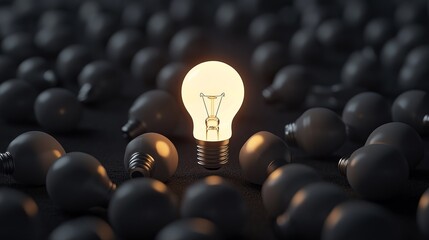One of Lightbulb glowing among shutdown light bulb in dark area with copy space for creative thinking , problem solving solution and outstanding concept