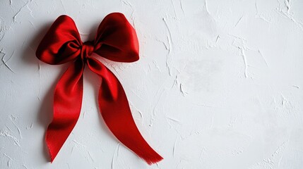 Fototapeta premium Elegant red ribbon loop tied in a bow on a textured white background, with soft shadows adding depth and dimension