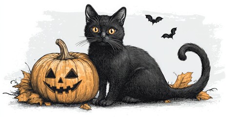 Obraz premium Halloween black cat with pumpkin and witch hat