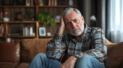 Fototapeta premium A lonely and upset senior gray-haired man is sitting on the sofa at home, leaning his head thoughtfully on his hand,Generative AI.
