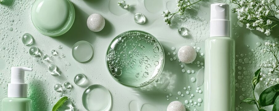 Natural skincare products on light green background with floral elements and bubbles symbolizing purity and freshness