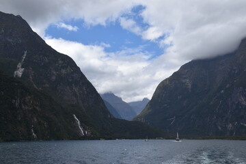 The fiords and stunning mountain landscape at Milford Sound on the South Island of New Zealand