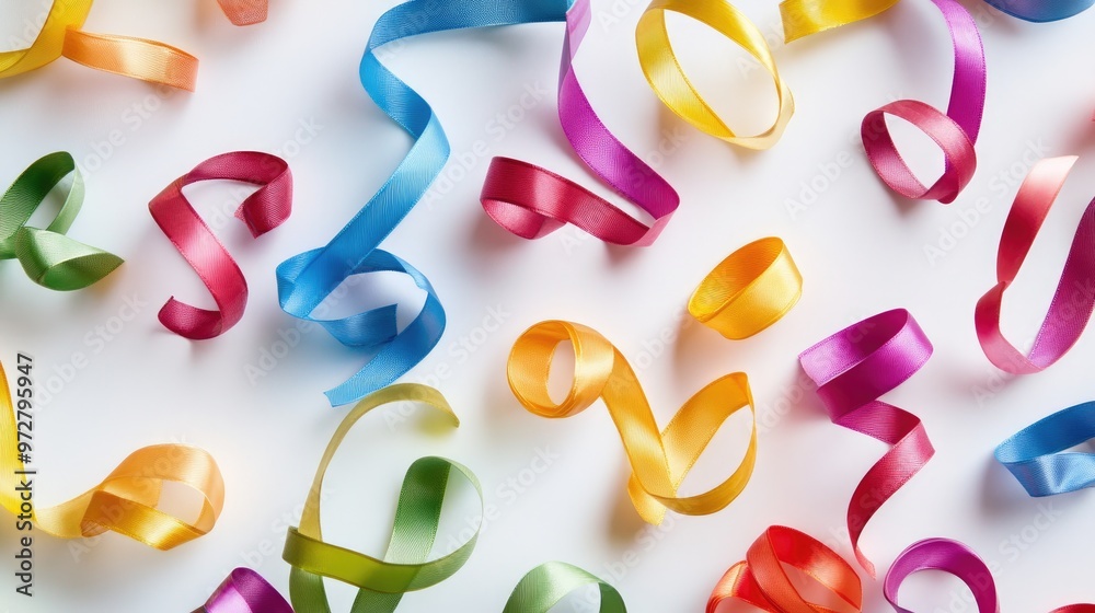 Fototapete Multiple ribbon loops in various colors, scattered on a white background, creating a festive and joyful scene