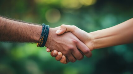 Close up of Two Hands Shaking in Agreement Against Green Background