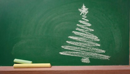 Christmas tree sketch on school chalkboard in classroom