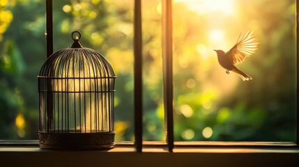 Open birdcage on a windowsill, with a bird flying freely outside, symbolizing liberation and adventure