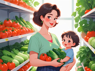 flat illustration, a young mother with a child goes shopping for groceries in the vegetable department of the supermarket ,AI generated