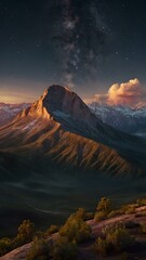 Majestic Mountain Under the Glowing Night Sky and Vibrant Milky Way