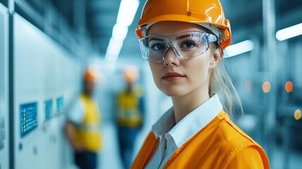 A confident woman in safety gear stands in an industrial setting, showcasing professionalism and dedication to her work.