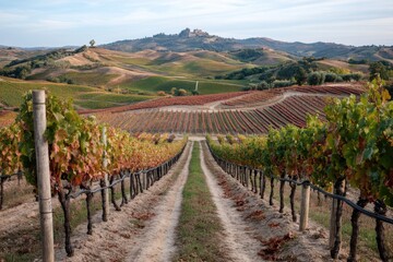 Fototapeta premium A beautiful vineyard stretches out toward distant hills, under a serene sky at sunset, with a castle in the distance on the hilltop, evoking tranquility and wonder.