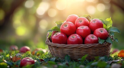 Basket of Red Apples on Grass with Sunlit Trees in a Lush Natural Setting. AI generated illustration