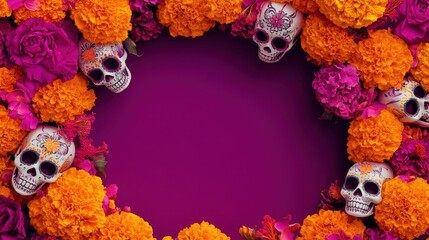 Day of the Dead frame with sugar skulls and flowers. Concept Dia de los Muertos celebration.