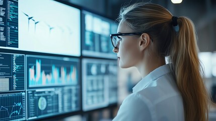 Fototapeta premium A focused businesswoman analyzes data on multiple screens, embodying modern technology and innovation in the workplace.