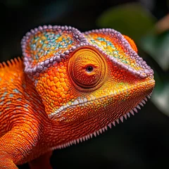 Fotobehang A close-up of a chameleon with its skin turning bright orange as it blends into its surroundings © Sasint