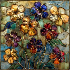 Beautiful stained glass artwork featuring vibrant flowers in shades of gold, blue, purple, and red, with intricate leaf details and a glowing, textured background.
