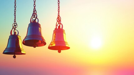 Obraz premium Three bells against a colorful sunset. Concepts hope, new beginnings, tranquility, spirituality.