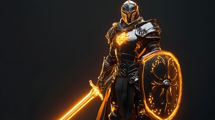 21. **3D render of a heroic paladin in gleaming armor with a glowing sword and shield
