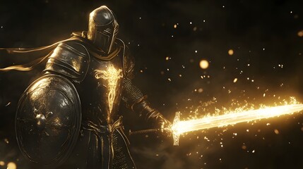 Fototapeta premium 21. **3D render of a heroic paladin in gleaming armor with a glowing sword and shield