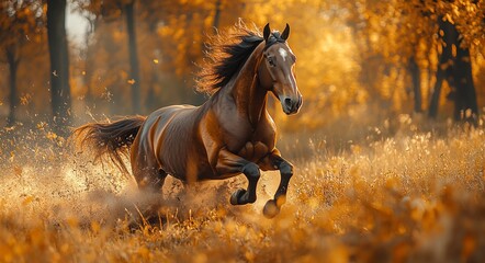 Brown Horse Galloping in Autumn Grassland, Cinematic Nature Scene. AI generated illustration