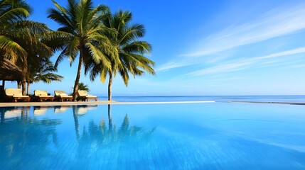 Tranquil Beach Resort Pool with Serene Reflections of Sky and Palms