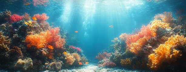 Obraz premium Sunlit Coral Reefs and Fish Underwater. AI generated illustration