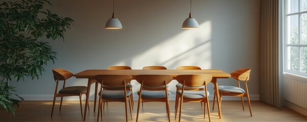 Elegant teak dining table set with midcentury modern chairs, pendant lights illuminating a chic...