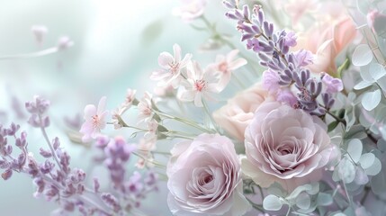 Gentle pastel floral composition Create a floral composition in pastel hues like soft lavender, blush pink, and light mint green. Arrange the flowers in a natural, graceful manner, using soft,