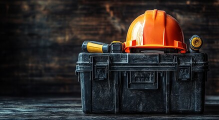 Toolbox with Hard Hat and Flashlights on Wooden Background. AI generated illustration