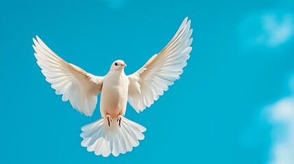 Obraz premium A white dove soars gracefully across a clear blue sky, symbolizing peace and freedom.