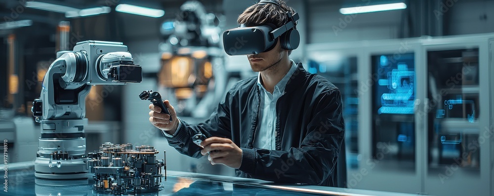 Poster man wearing vr headset in modern factory using virtual reality technology for controlling robotics