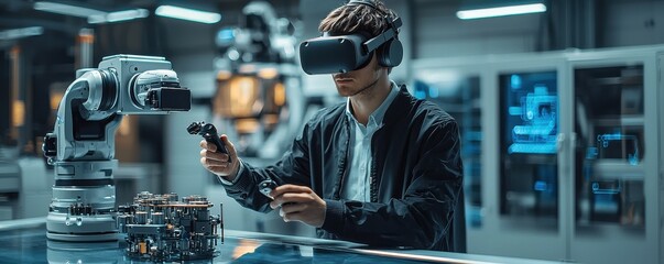 Man wearing VR headset in modern factory using virtual reality technology for controlling robotics